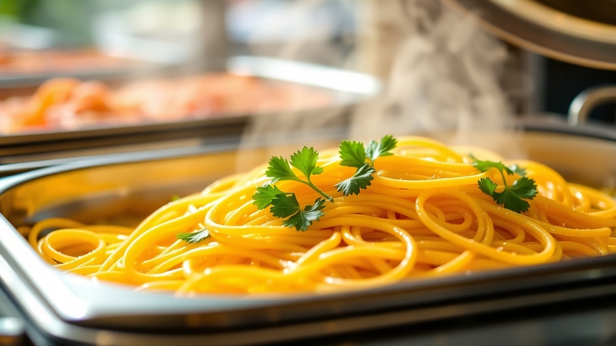 Como Manter Macarrão Quente: Técnica Para Massa Soltinha 3 Massa tipo espaguete mantida aquecida em um rechaud profissional de buffet