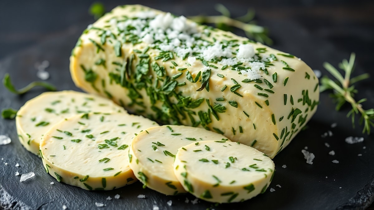 Manteiga Temperada: Receita Fácil E Profissional Em 10 Min 3 Manteiga moldada em formato cilíndrico com ervas frescas aparentes