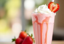 Um copo alto com milk shake rosa vibrante, decorado com calda e morangos frescos.