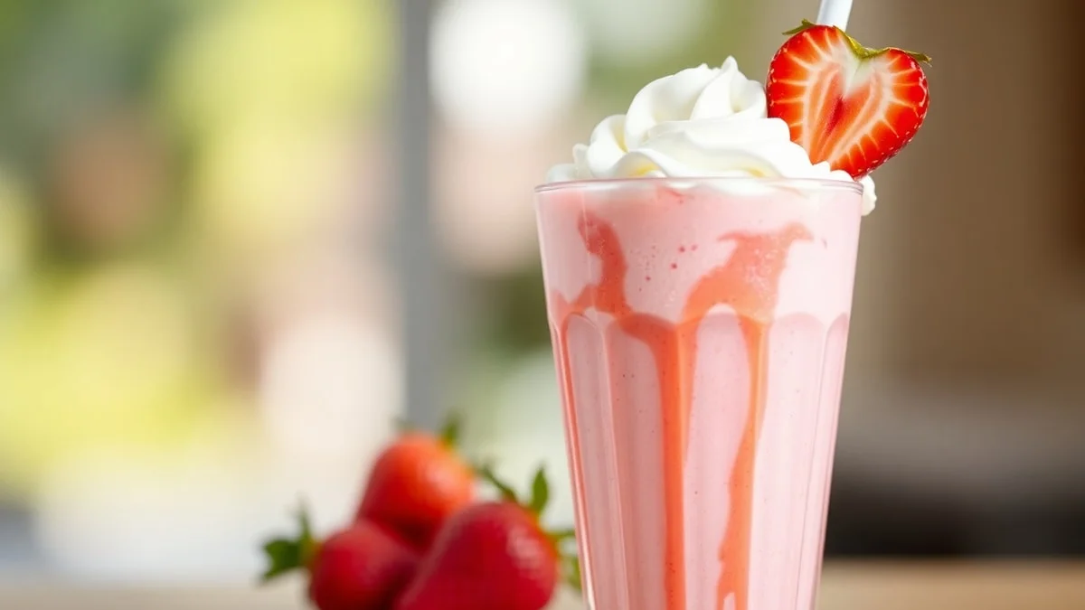 Um copo alto com milk shake rosa vibrante, decorado com calda e morangos frescos.