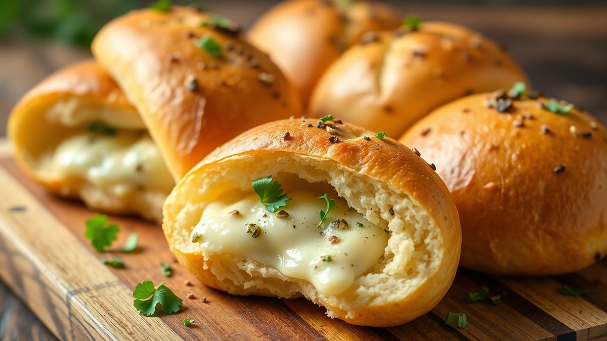 Pães franceses dourados e crocantes, recheados com pasta cremosa de alho e queijo, servidos como acompanhamento de churrasco.