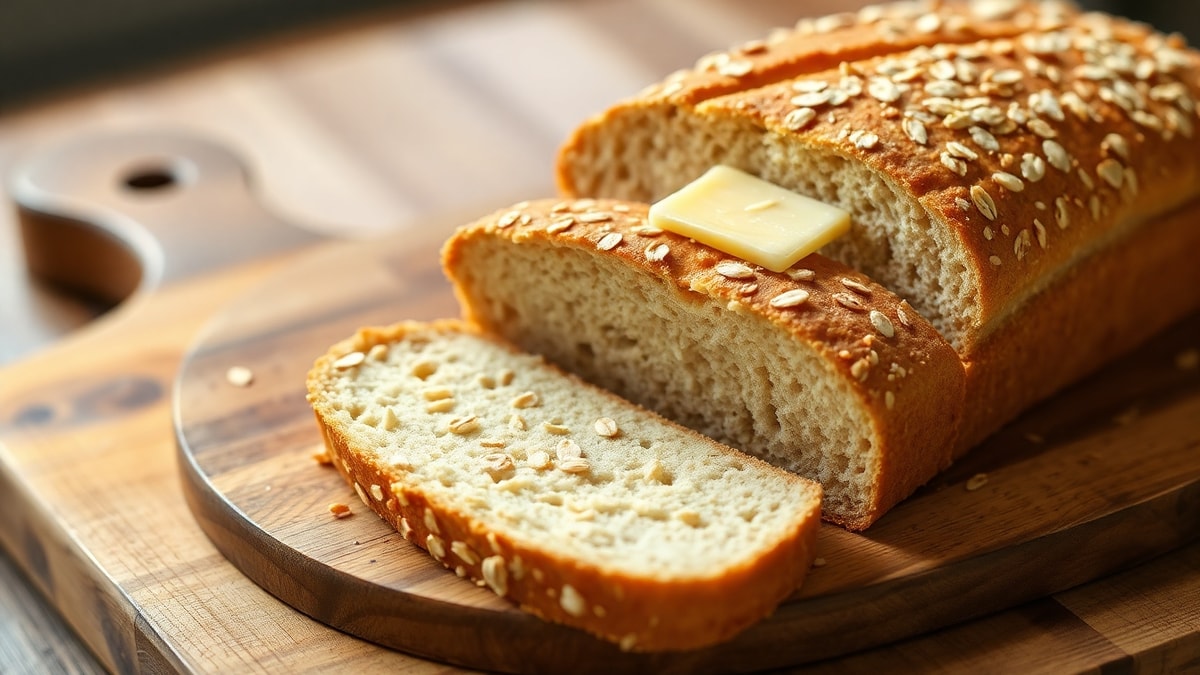 Pão dourado recém-saído do forno, fatiado para mostrar a textura interna macia