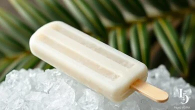 Picolé De Coco Com Leite Condensado Cremoso E Fácil 7 Picolé artesanal de cor branca leitosa, com pedacinhos de coco ralado visíveis, apresentado de forma elegante.