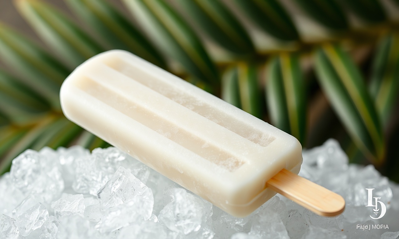 Picolé De Coco Com Leite Condensado Cremoso E Fácil 3 Picolé artesanal de cor branca leitosa, com pedacinhos de coco ralado visíveis, apresentado de forma elegante.