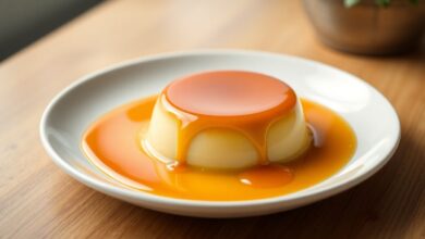 Pudim de leite liso e brilhante com calda caramelizada escorrendo