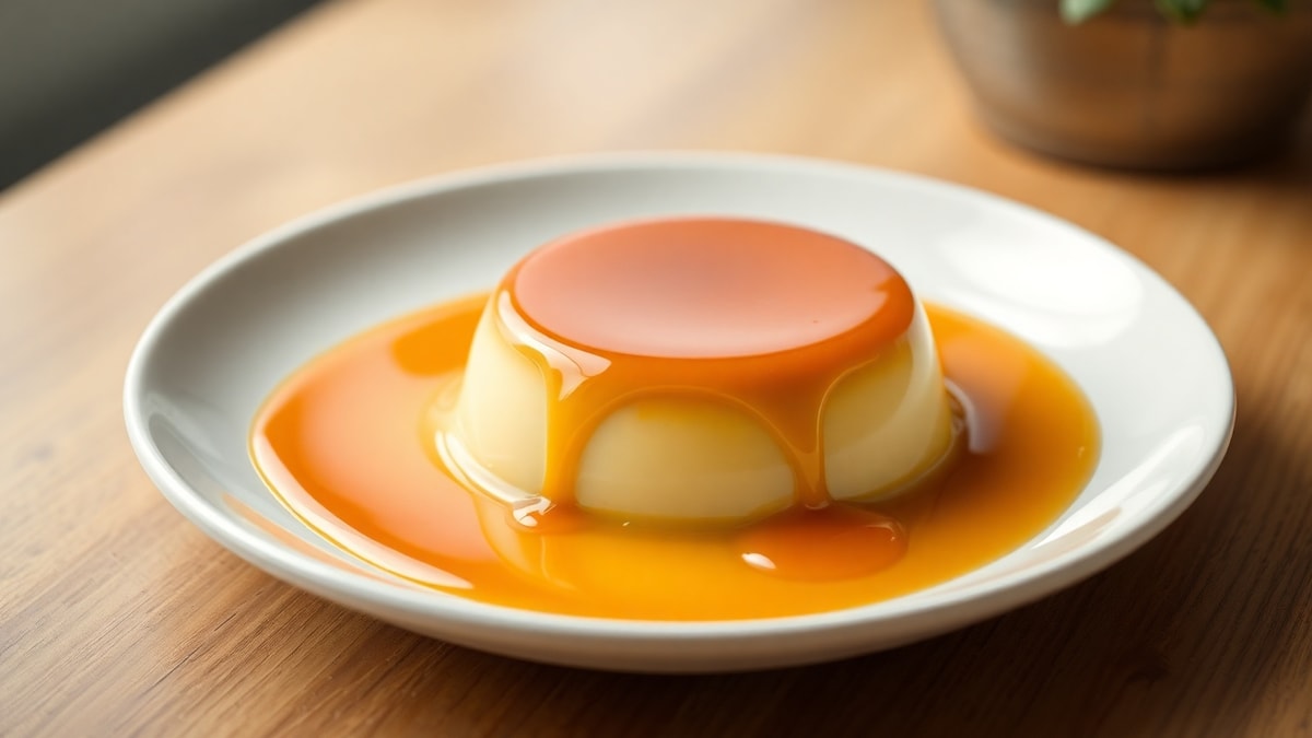 Pudim de leite liso e brilhante com calda caramelizada escorrendo