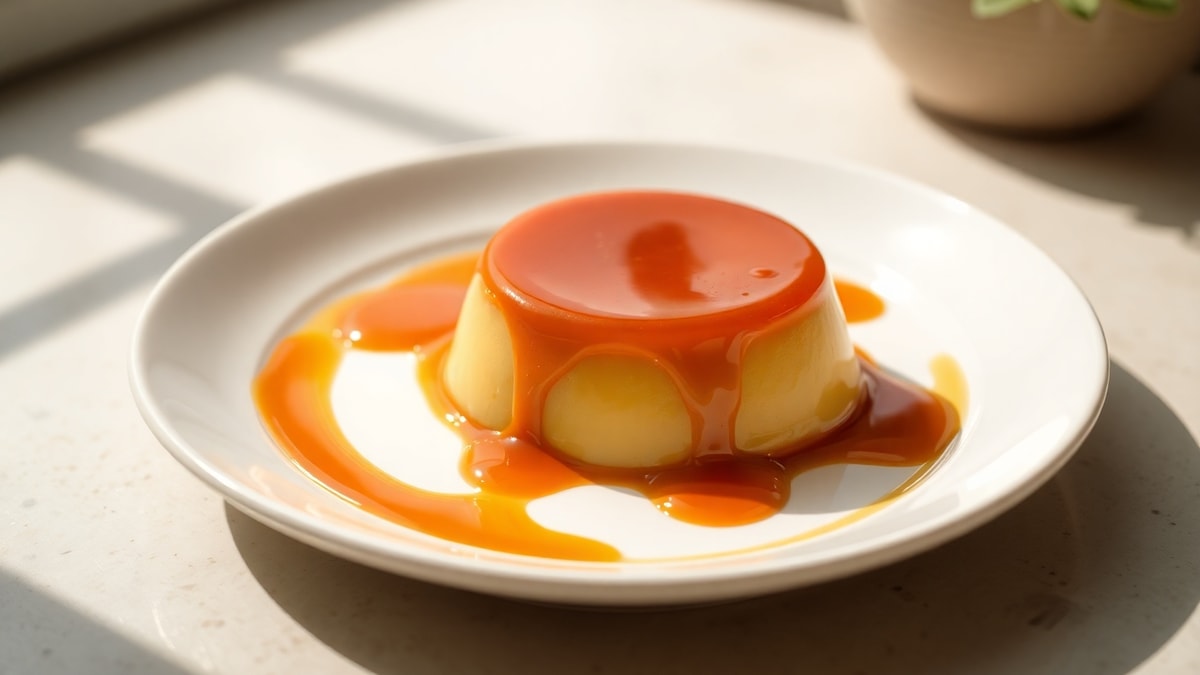 Pudim de leite condensado com textura lisa e calda de caramelo âmbar escorrendo.
