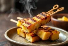Fatias de queijo coalho com casquinha dourada e crocante, levemente marcadas pela frigideira, servidas em um prato de cerâmica rústico.