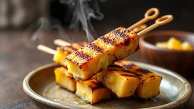 Fatias de queijo coalho com casquinha dourada e crocante, levemente marcadas pela frigideira, servidas em um prato de cerâmica rústico.