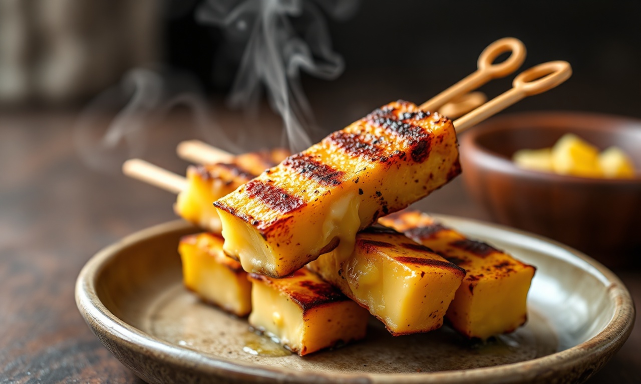 Fatias de queijo coalho com casquinha dourada e crocante, levemente marcadas pela frigideira, servidas em um prato de cerâmica rústico.