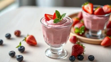 Sobremesa De Morango No Liquidificador: Cremosa E Sem Forno 6 Sobremesa cremosa de cor rosa vibrante em uma taça de vidro transparente, com camadas suaves e cobertura de morangos frescos fatiados.