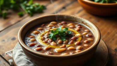 Tigela de sopa de feijão fumegante com ervas frescas e pão rústico ao lado
