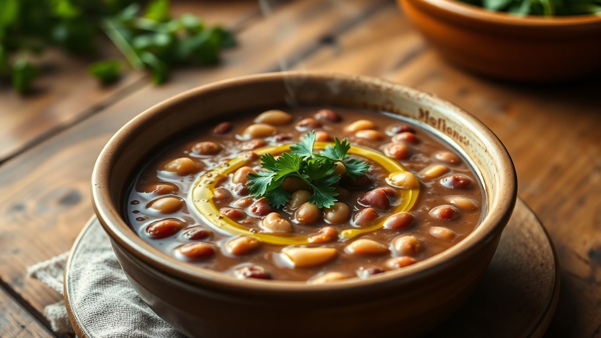 Sopa De Feijão Cremosa: Receita Fácil E Nutritiva Em 30min 3 Tigela de sopa de feijão fumegante com ervas frescas e pão rústico ao lado