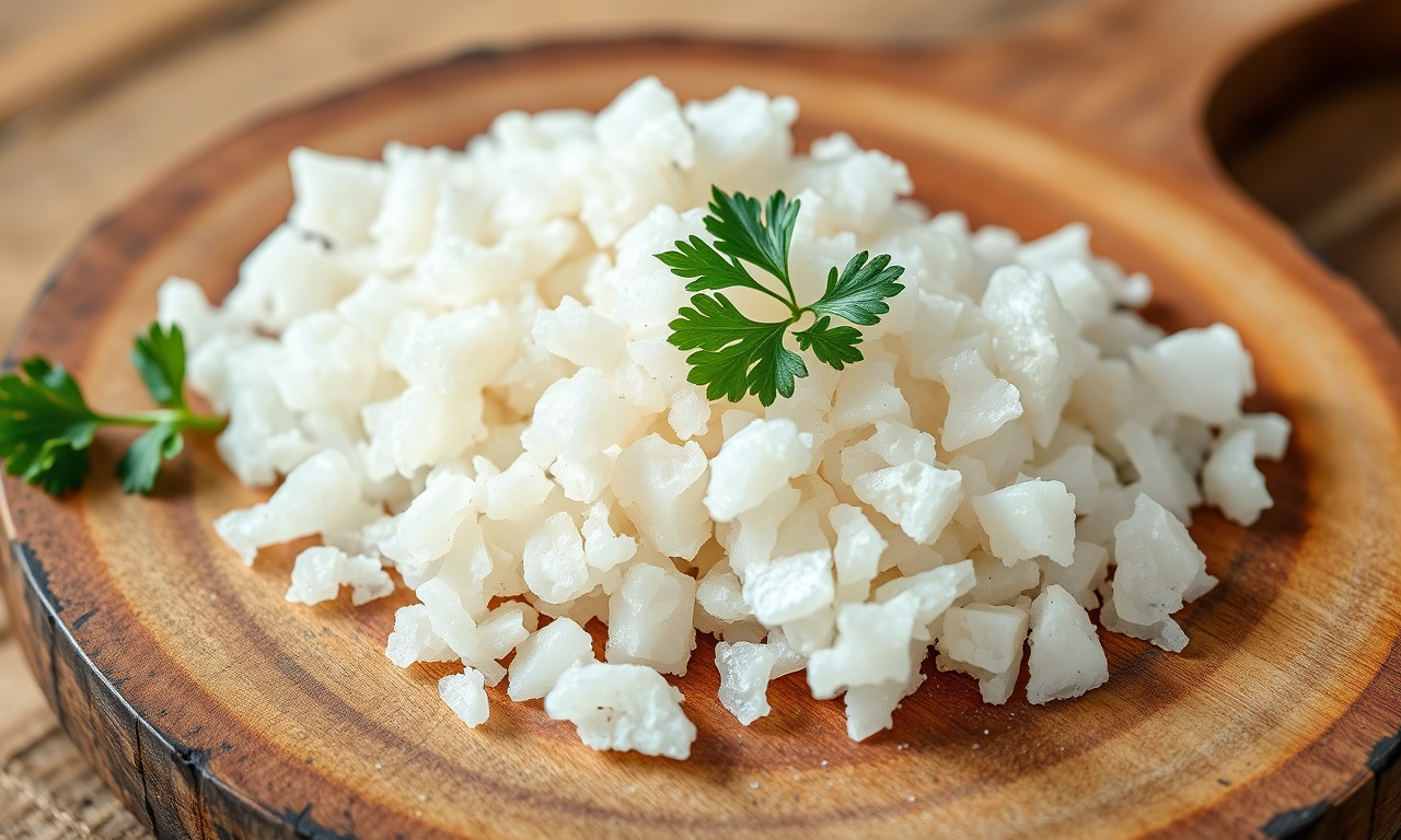 Lascas de bacalhau hidratadas e limpas prontas para o cozimento
