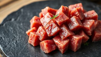 Cubos de carne-seca limpos e suculentos prontos para a receita