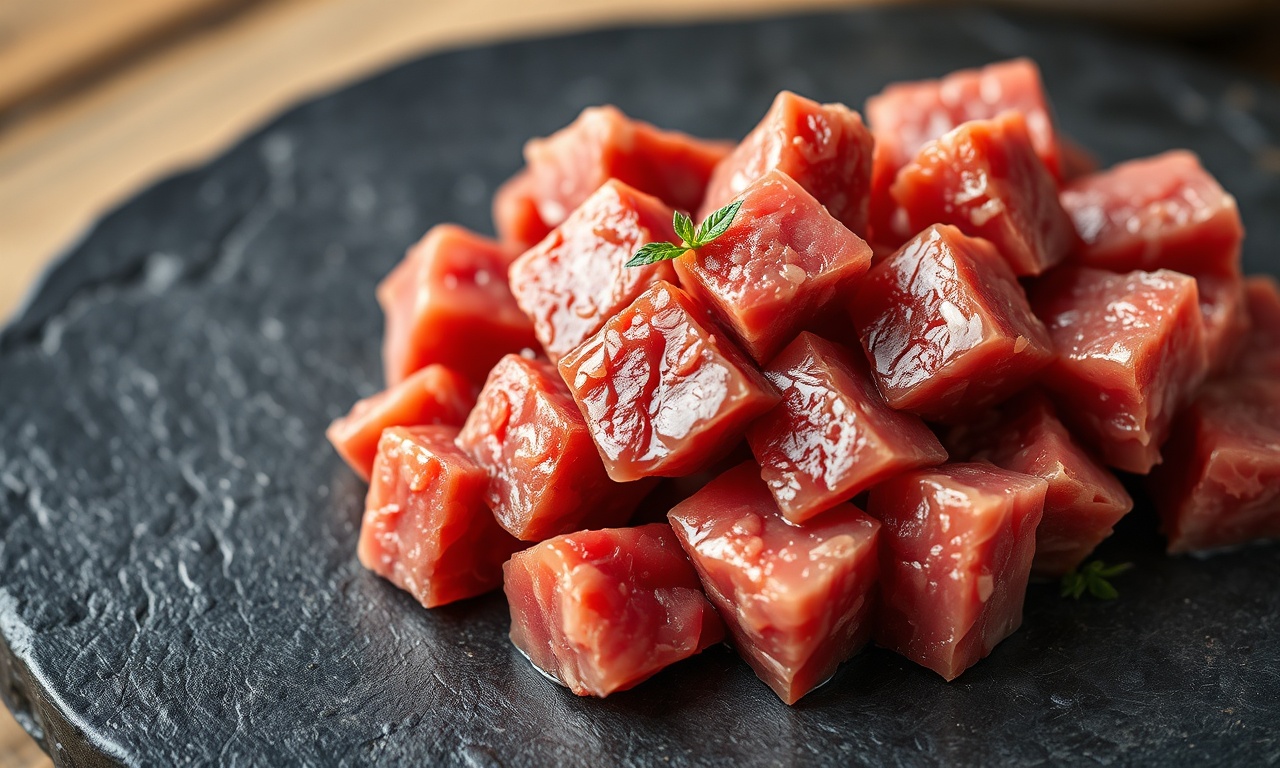 Cubos de carne-seca limpos e suculentos prontos para a receita