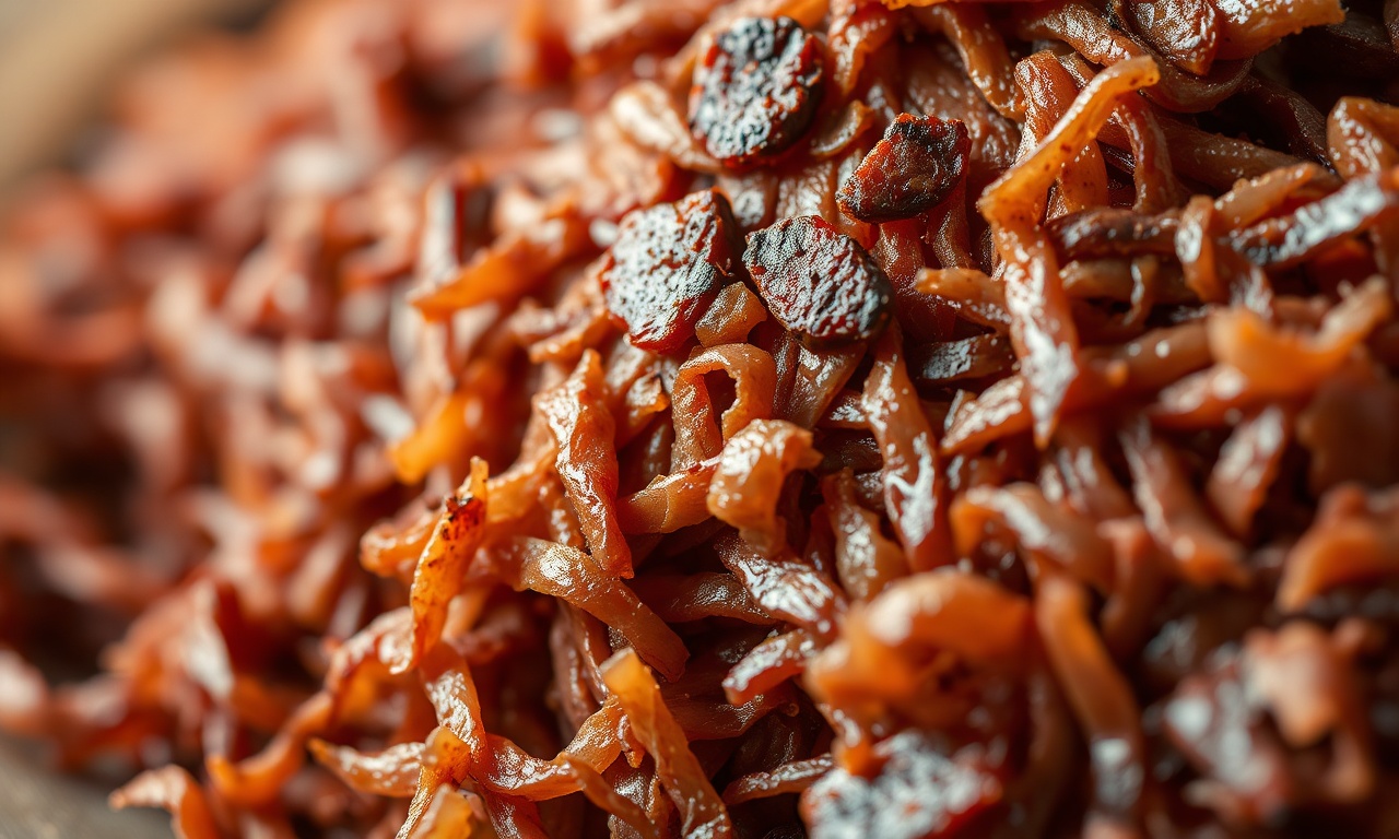 Close-up da textura da carne-seca após dessalga e cozimento