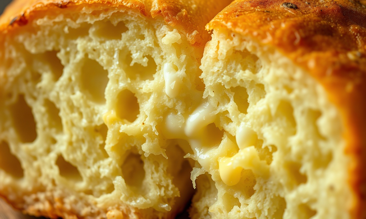 Close-up do interior elástico e aerado do pão de queijo partido