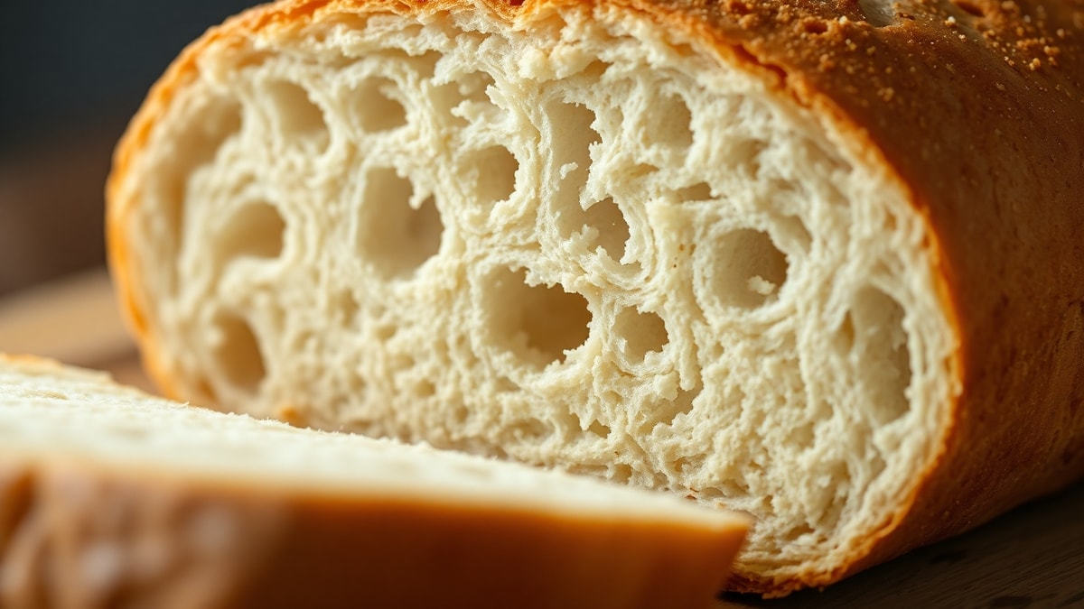 Close-up do miolo aerado de um pão assado após a correção