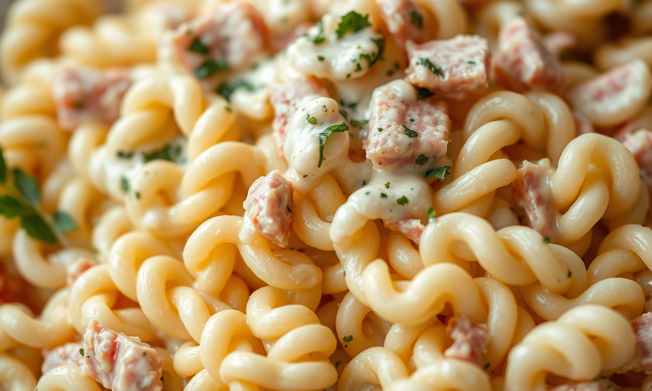 Salada De Macarrão Para Festas: Receita Cremosa E Rápida 5 Close-up da textura cremosa do macarrão parafuso