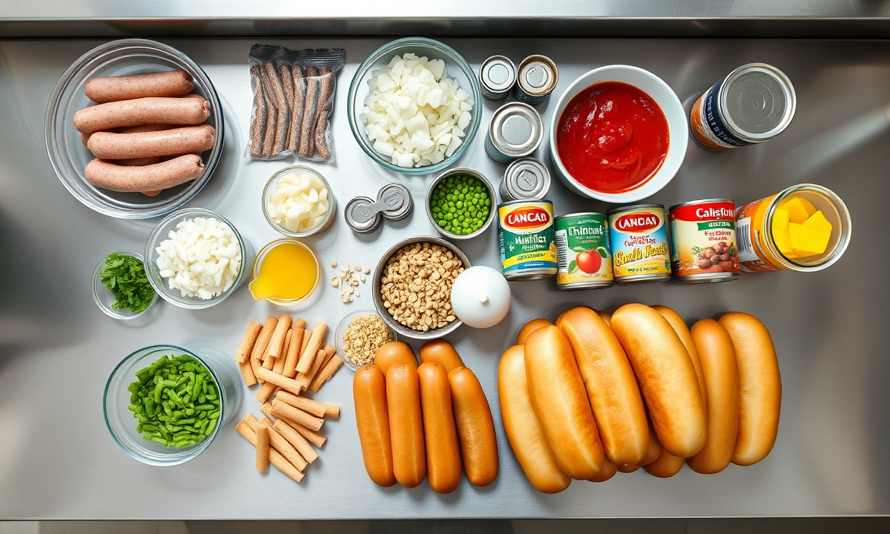Vista de cima dos ingredientes organizados em grandes quantidades