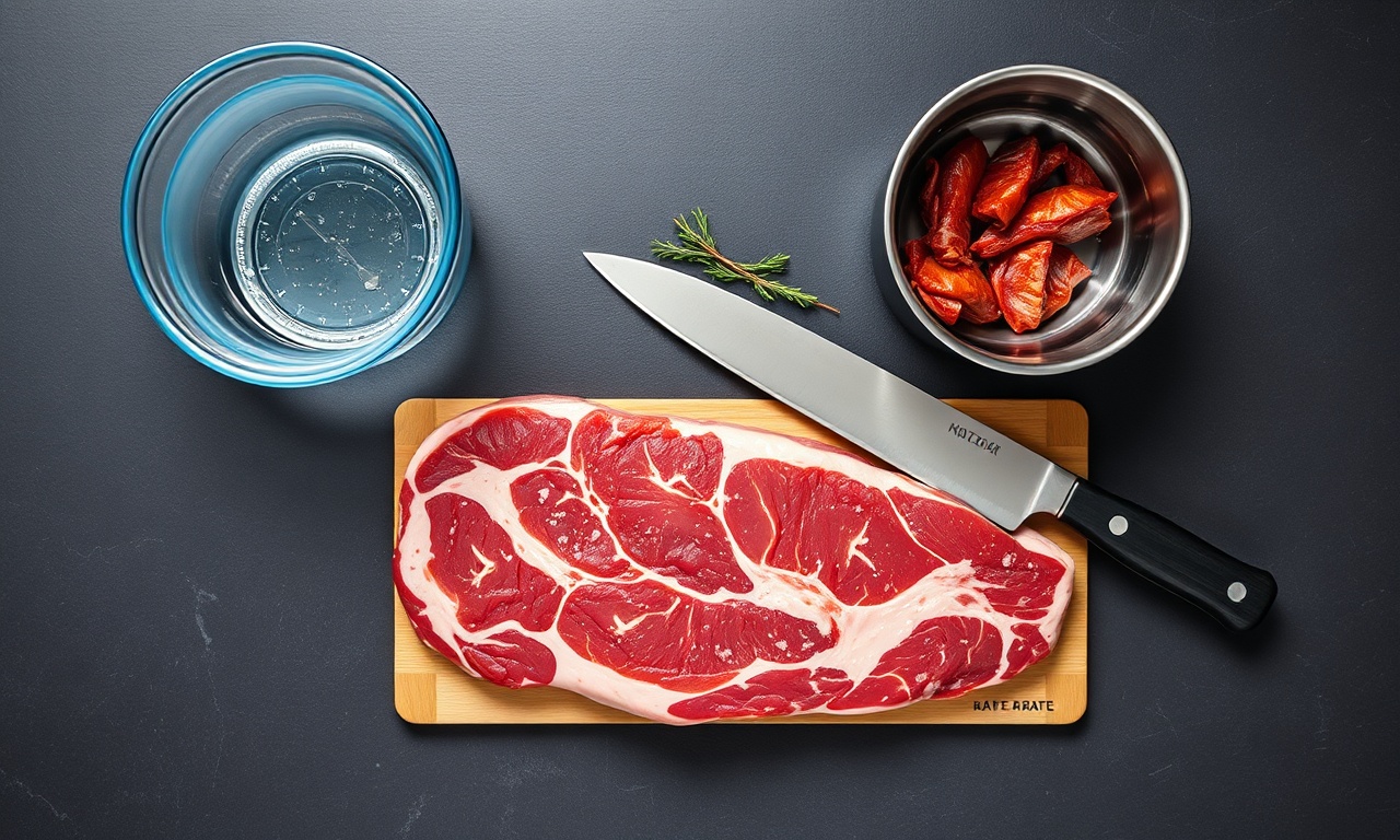 Vista de cima da carne-seca bruta e água para o processo
