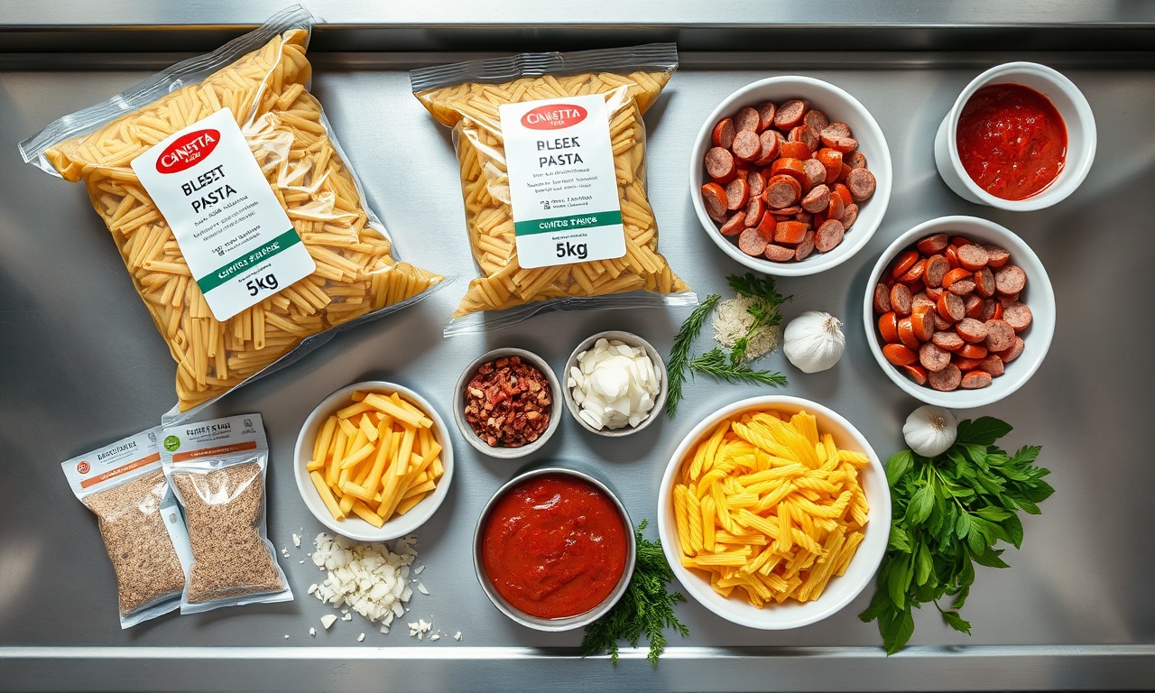 Vista de cima dos ingredientes organizados em grandes quantidades.