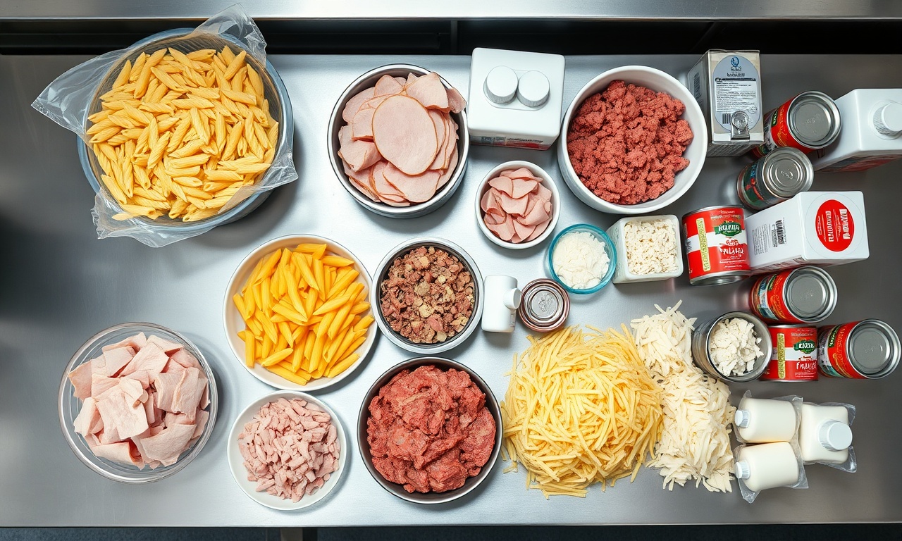 Vista de cima dos ingredientes em grande escala como quilos de massa, carne moída e queijo.