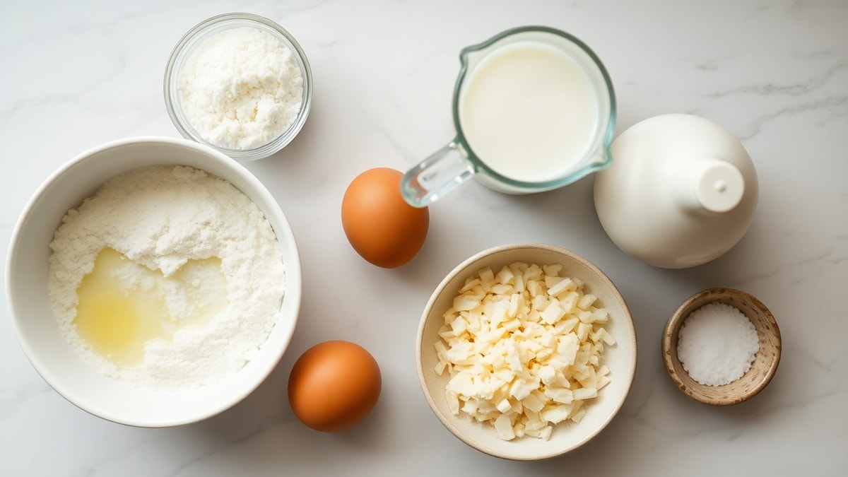 Pão De Queijo Com Ovo: Receita Tradicional Fofinha E Fácil 4 Vista de cima dos ingredientes organizados na bancada