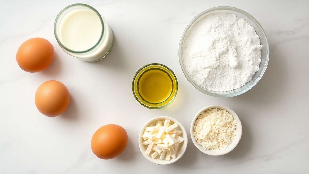 Pão De Queijo De Liquidificador: Receita Fácil E Fofinha 4 Vista de cima dos ingredientes organizados na bancada