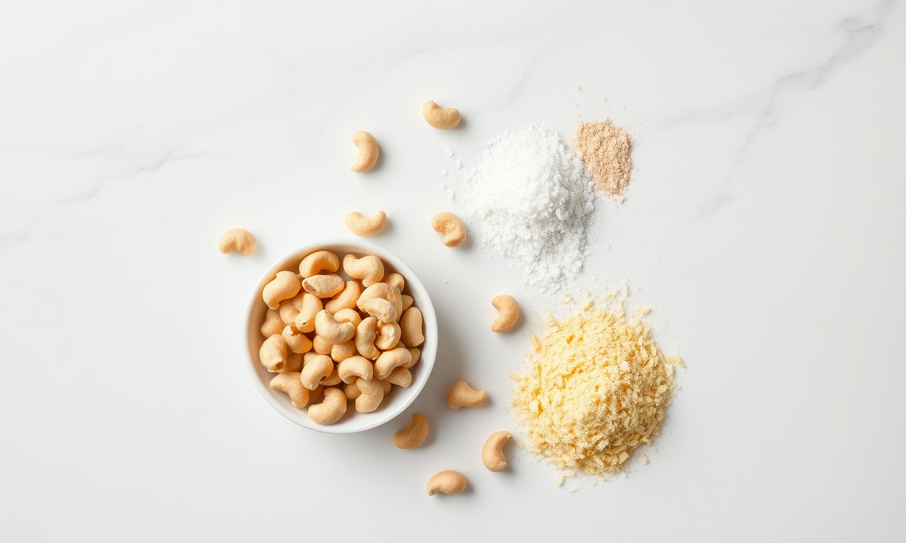 Queijo Ralado Vegano: Receita Fácil Pronta Em 5 Minutos 4 Vista de cima dos ingredientes organizados na bancada