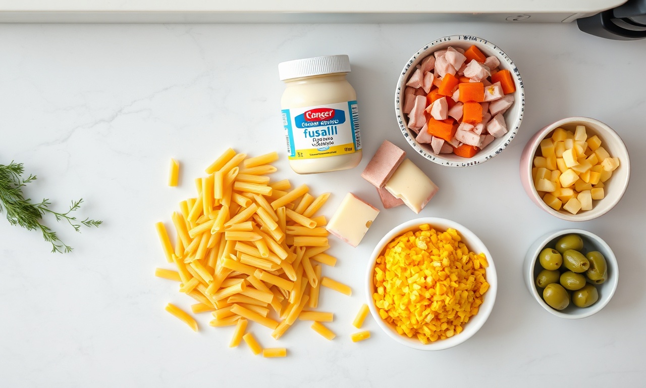 Salada De Macarrão Para Festas: Receita Cremosa E Rápida 4 Vista de cima dos ingredientes organizados