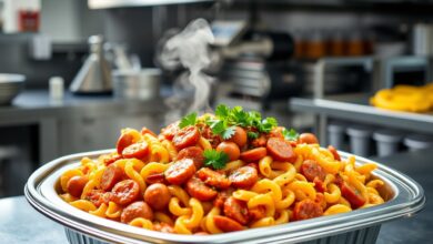 Travessa industrial repleta de macarrão parafuso ao molho de tomate com salsichas.