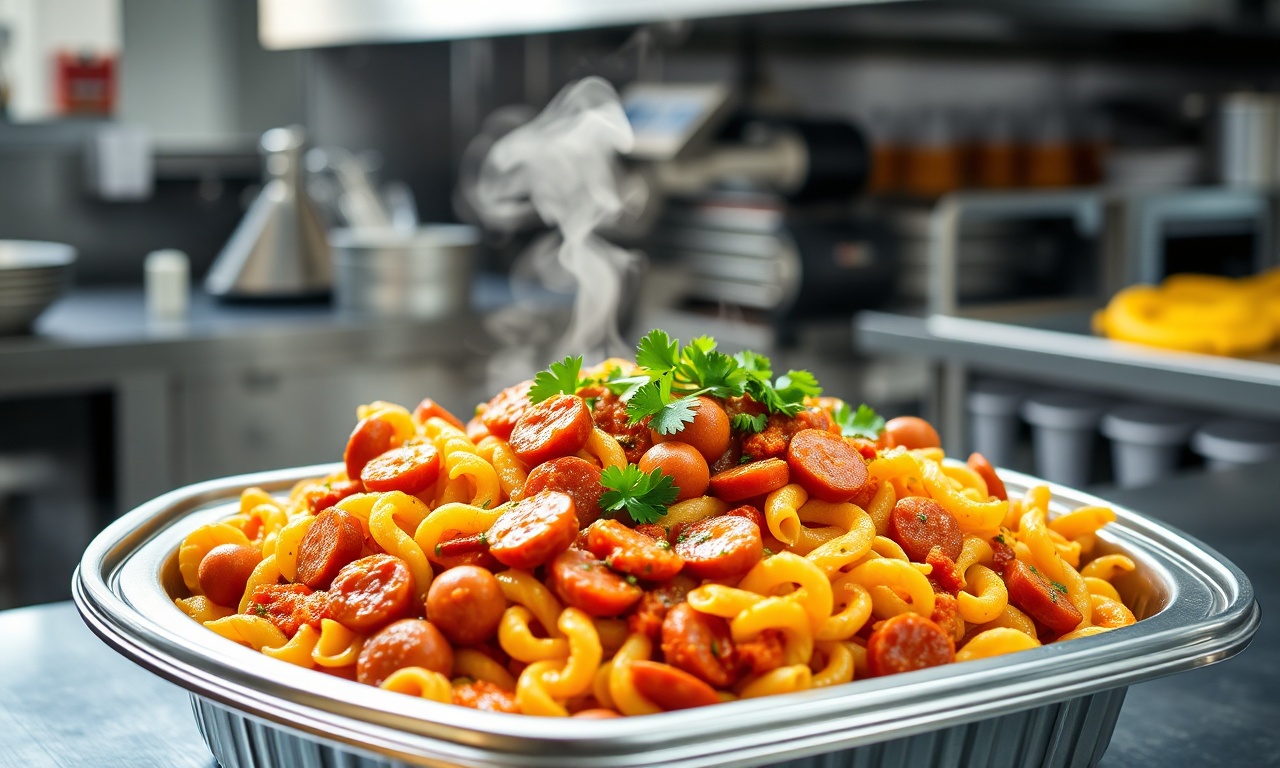 Travessa industrial repleta de macarrão parafuso ao molho de tomate com salsichas.