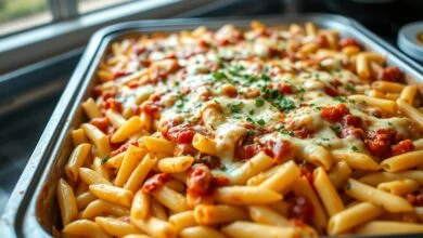 Travessa industrial gigante com macarrão penne mergulhado em molho bolonhesa e coberto com queijo derretido dourado.