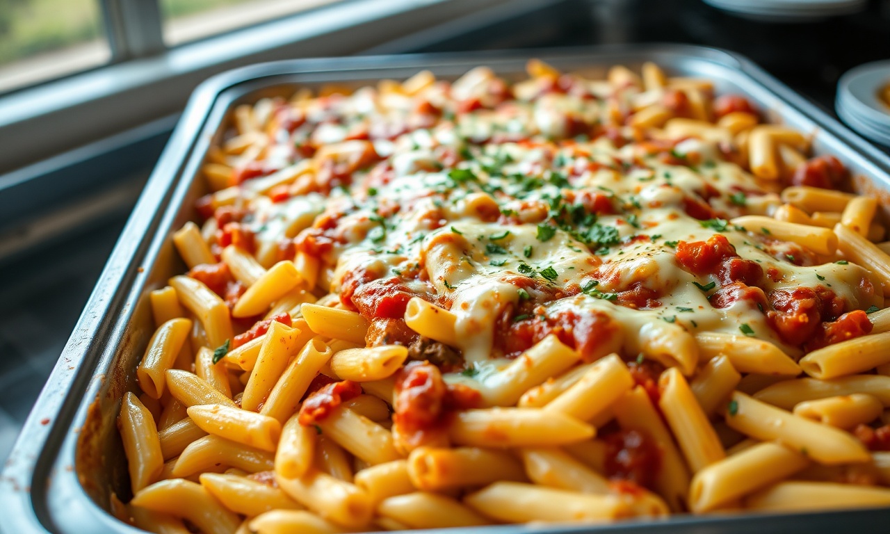 Travessa industrial gigante com macarrão penne mergulhado em molho bolonhesa e coberto com queijo derretido dourado.
