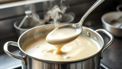 Caldeirão industrial com molho branco espesso e sedoso sendo mexido