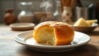 Pão de queijo de frigideira perfeitamente dourado e fofinho servido no prato