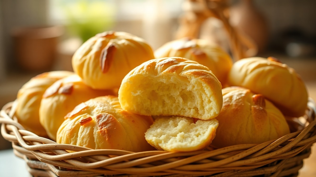 Pão De Queijo De Liquidificador: Receita Fácil E Fofinha 3 Pães de queijo dourados e fofinhos servidos em uma cesta de vime