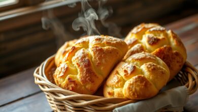 Polvilho Doce E Azedo: A Mistura Para O Pão De Queijo Perfeito 6 Pães de queijo assados com casca dourada e rústica servidos em uma cesta de vime