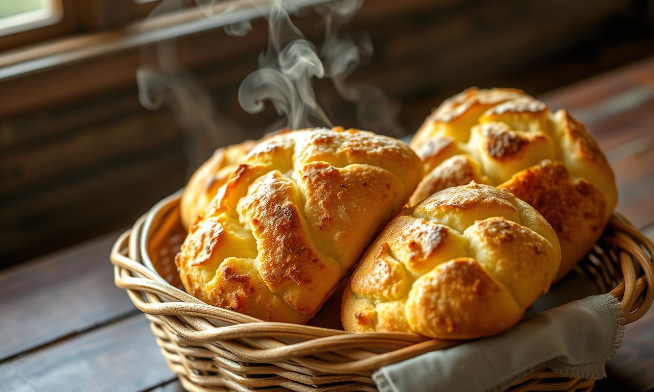 Pães de queijo assados com casca dourada e rústica servidos em uma cesta de vime