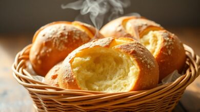 Pão De Queijo Com Ovo: Receita Tradicional Fofinha E Fácil 6 Pães de queijo dourados empilhados em uma cesta de vime