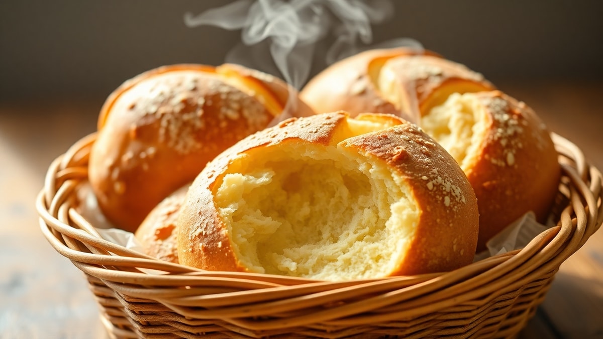 Pão De Queijo Com Ovo: Receita Tradicional Fofinha E Fácil 3 Pães de queijo dourados empilhados em uma cesta de vime