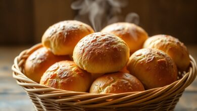Pães franceses dourados e quentes dispostos em um cesto rústico