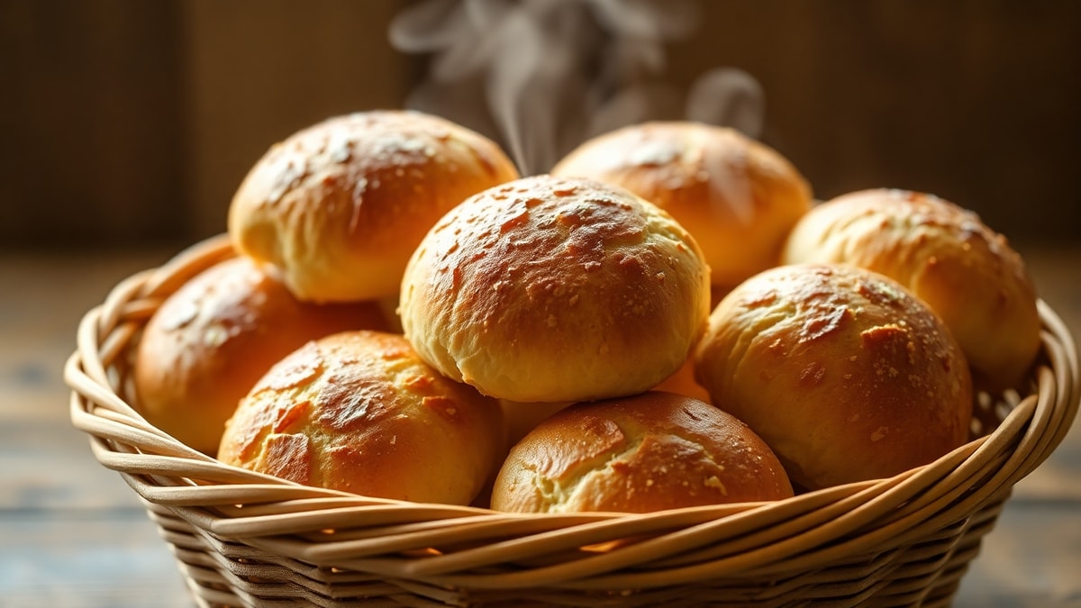 Pães franceses dourados e quentes dispostos em um cesto rústico