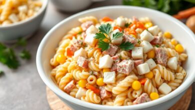 Travessa grande com salada de macarrão colorida e bem servida