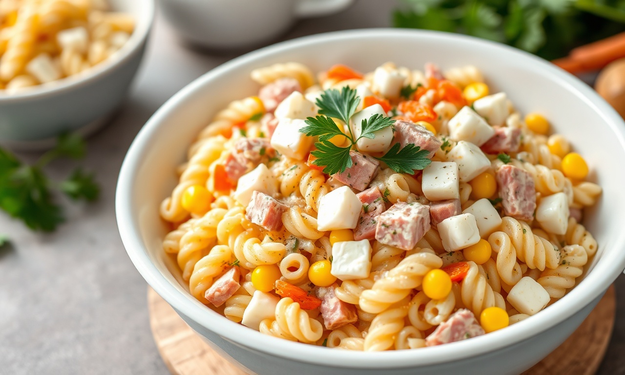 Salada De Macarrão Para Festas: Receita Cremosa E Rápida 3 Travessa grande com salada de macarrão colorida e bem servida