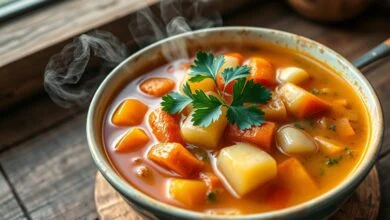 Sopa de legumes colorida em uma tigela rústica com vapor saindo
