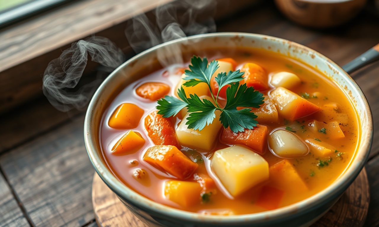 Sopa de legumes colorida em uma tigela rústica com vapor saindo