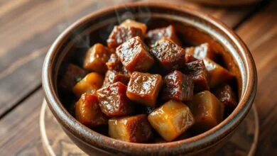 Cubos de charque cozidos e suculentos prontos para o consumo